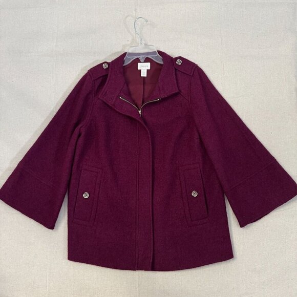 Chico's Jackets & Blazers - Chicos Burgundy Wool 3/4 Sleeve Full Zip Jacket Button Flap Accents Lined 2
